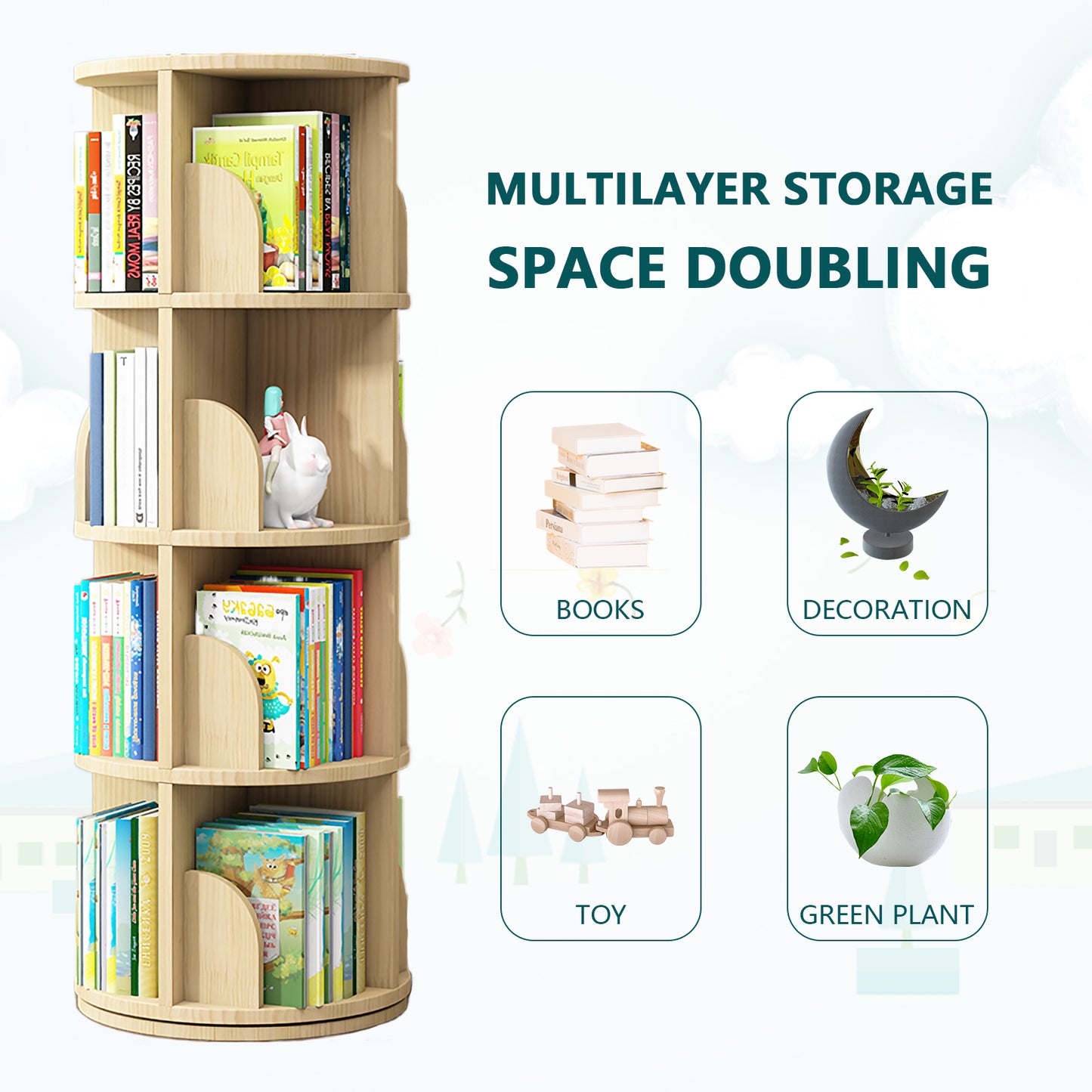 Rotating Bookshelf for Small Space,360 Display 4 Tier Floor Standing  Bookcase Storage Rack(Ordinary, 4 Tier)