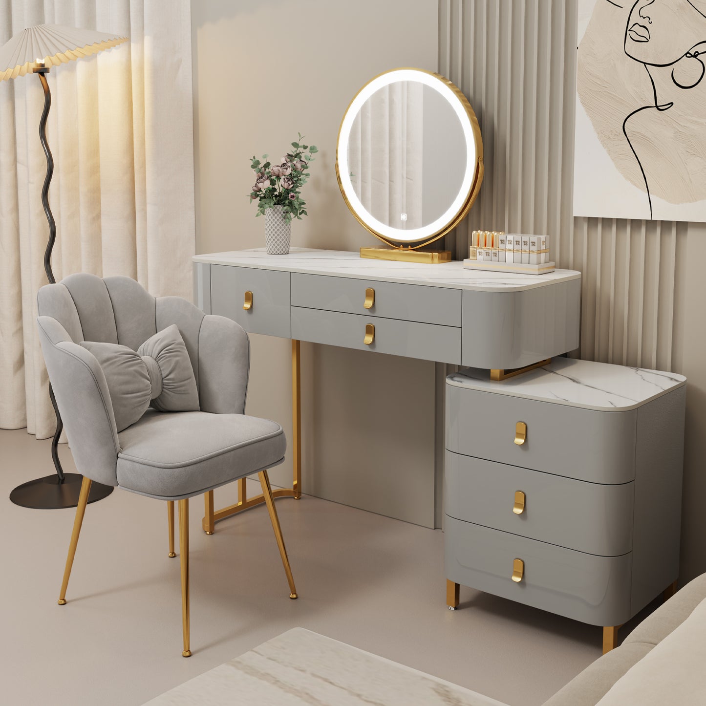 Luxuary vanity set with Cabinet, Adjustable Brightness Mirror and